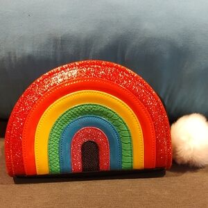 Betsy Johnson Pleather/PU Colorful Rainbow Crossbody with White Pom Pom
